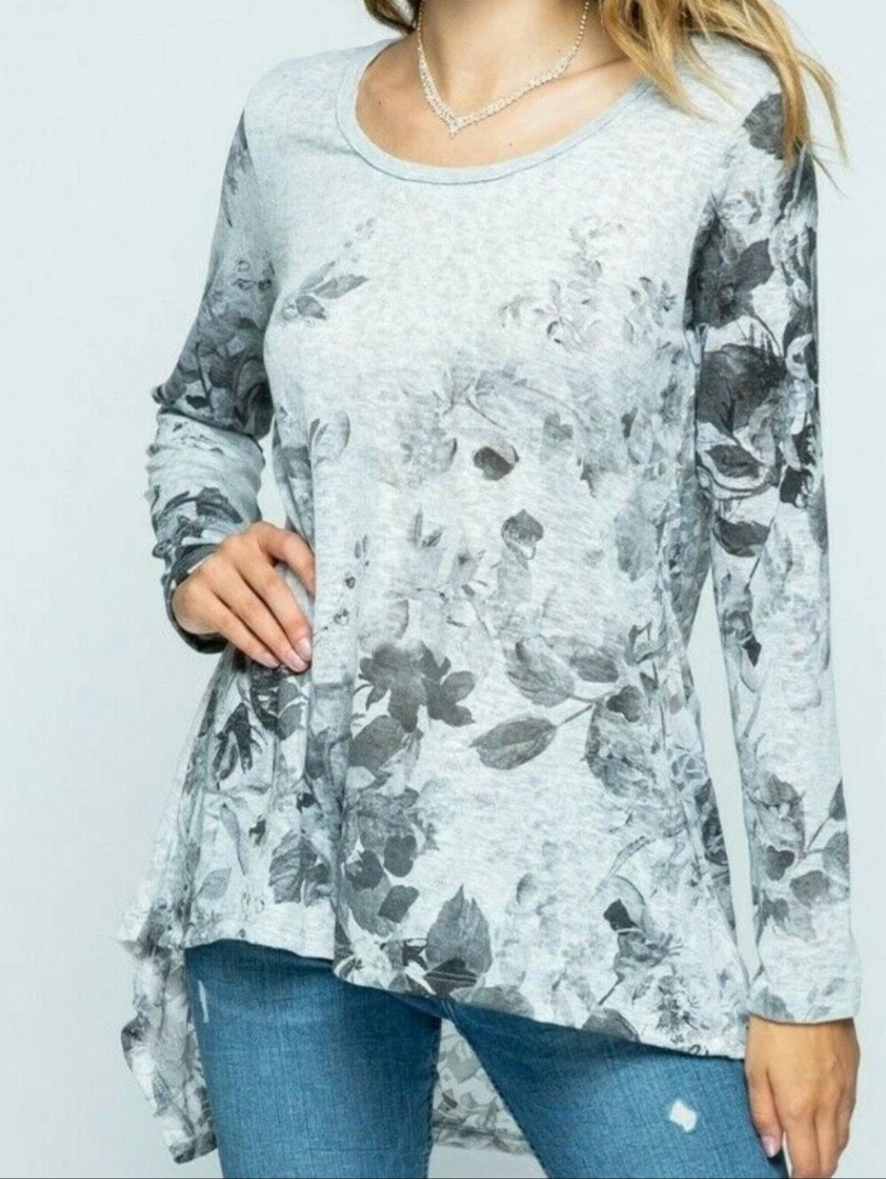VOCAL Tunic Blouse Medium Gray Black Floral Whimsigoth Bohemian Lagenlook Y2K